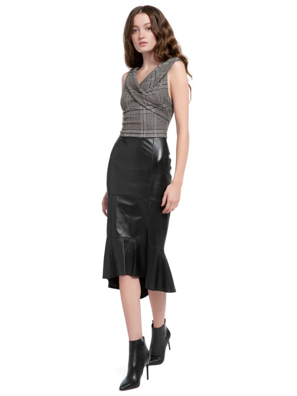 ALICE + OLIVIA Kina Leather High-Low Ruffle-Hem Midi Pencil Skirt Size 4